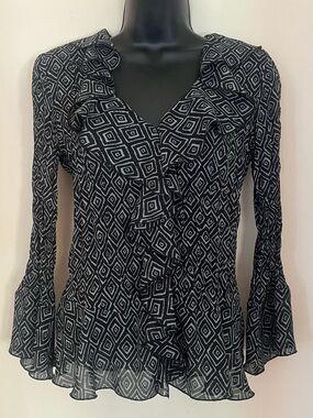 Sunny Taylor Black Geometric Ruffle-Front Blouse